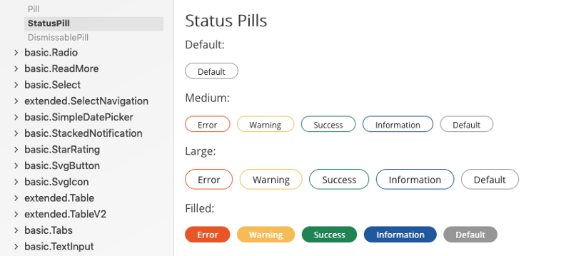 How [Coursera](https://building.coursera.org/coursera-ui/?selectedKind=basic.Pill&selectedStory=StatusPill&full=0&addons=0&stories=1&panelRight=0&addonPanel=storybook%2Factions%2Factions-panel) has laid out their pill states using Storybook 💊